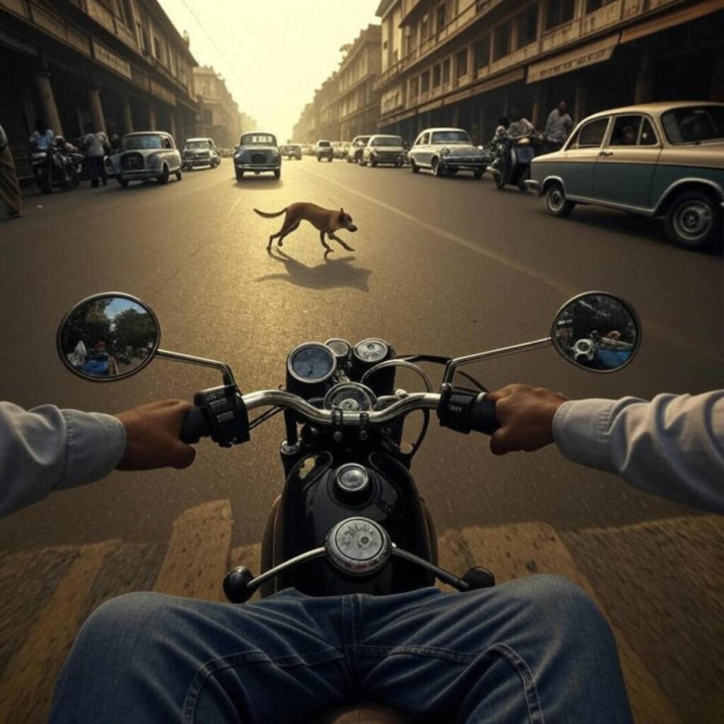 Wonky POV of chaotic Indian intersection with sprinting dog.