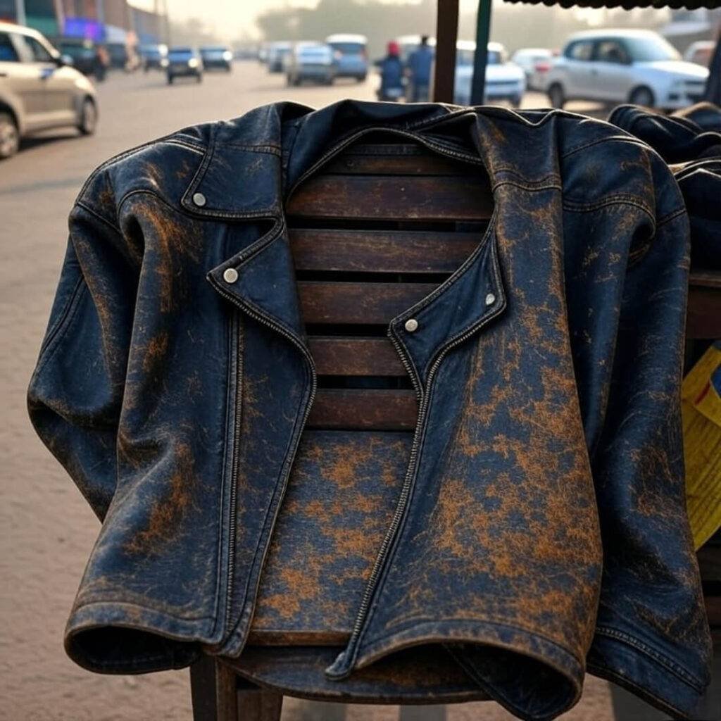 Worn leather jacket on bench, Delhi traffic blur.