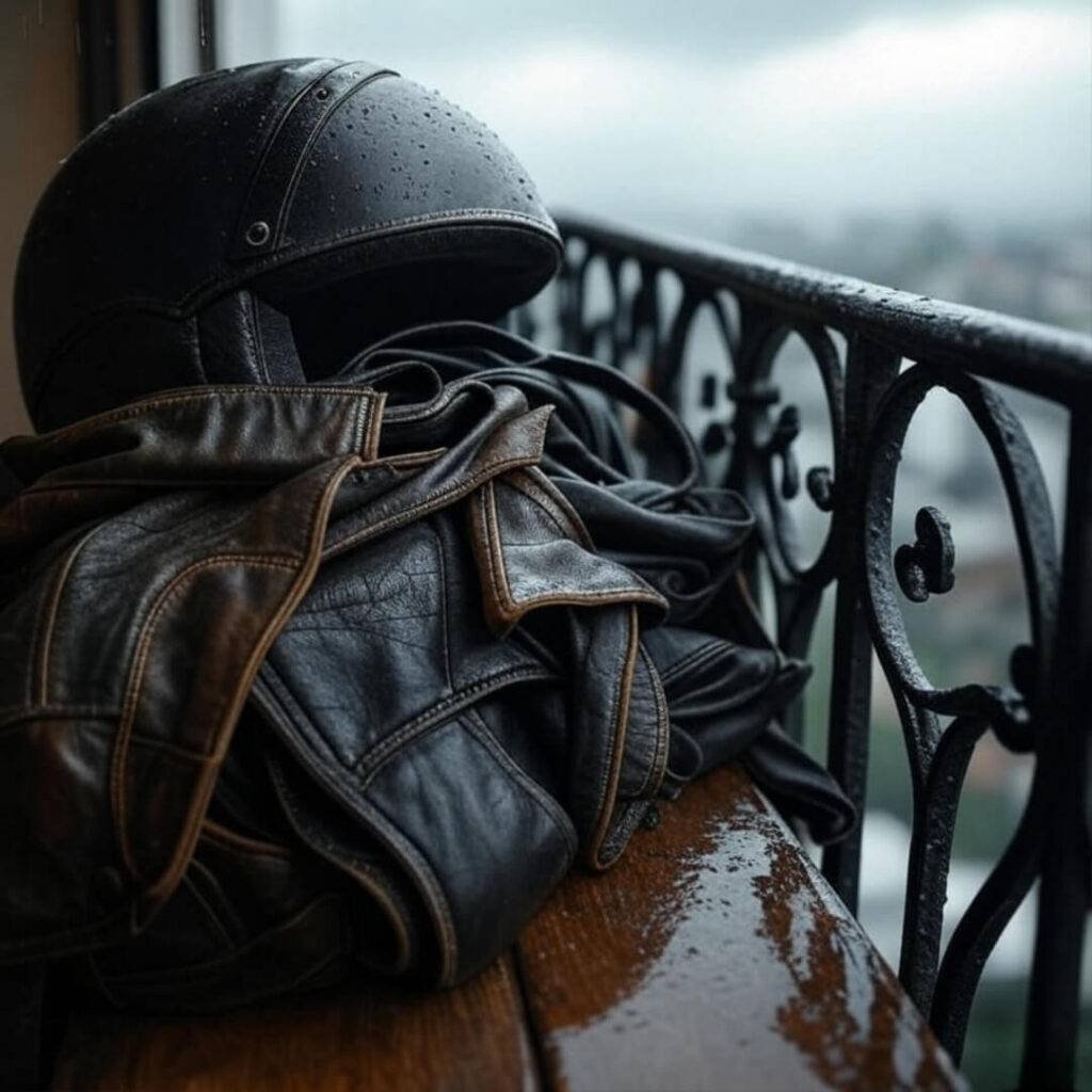Tangled riding gear on rainy Mumbai balcony."