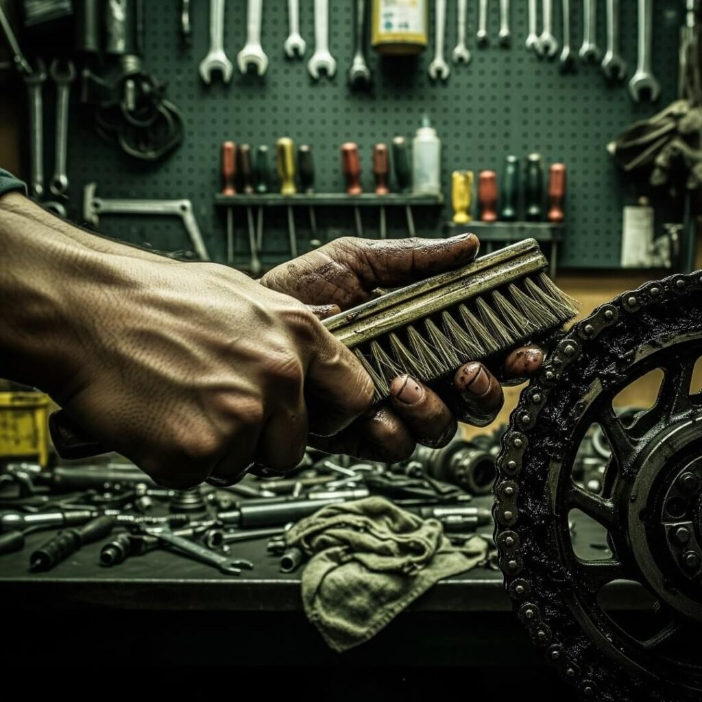 Hands covered in grease holding a brush over a motorcycle chain.

