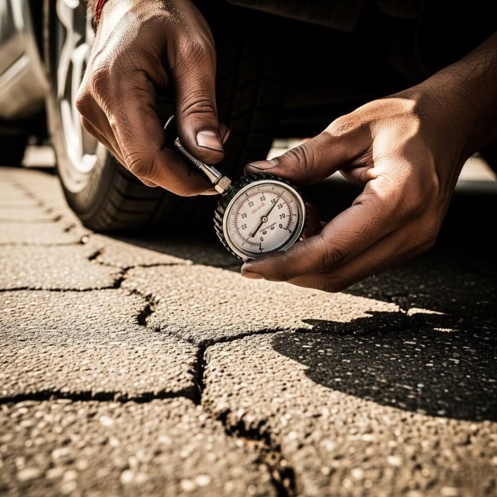 Hands checking tire pressure on cracked pavement.

