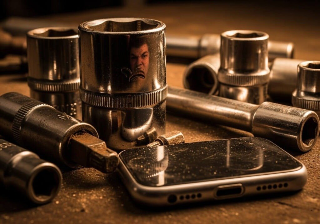Annoyed face reflection in a socket wrench.