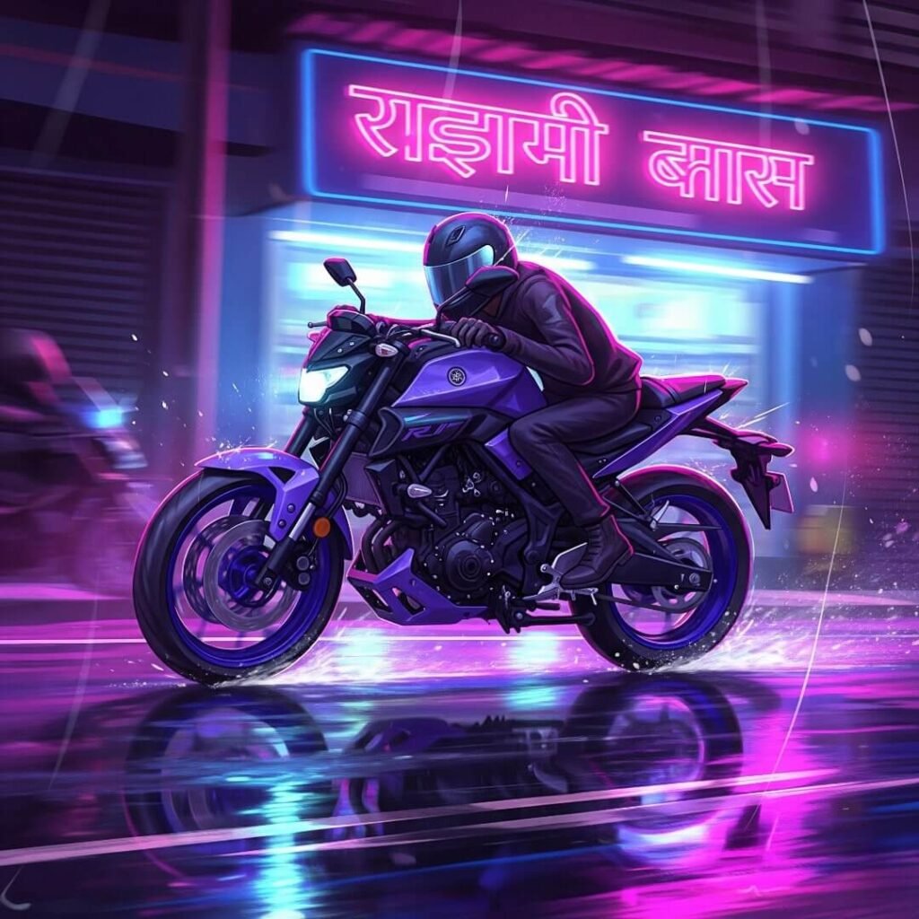 Neon-lit Indian street: motorcycle, speed, vibrant colors.