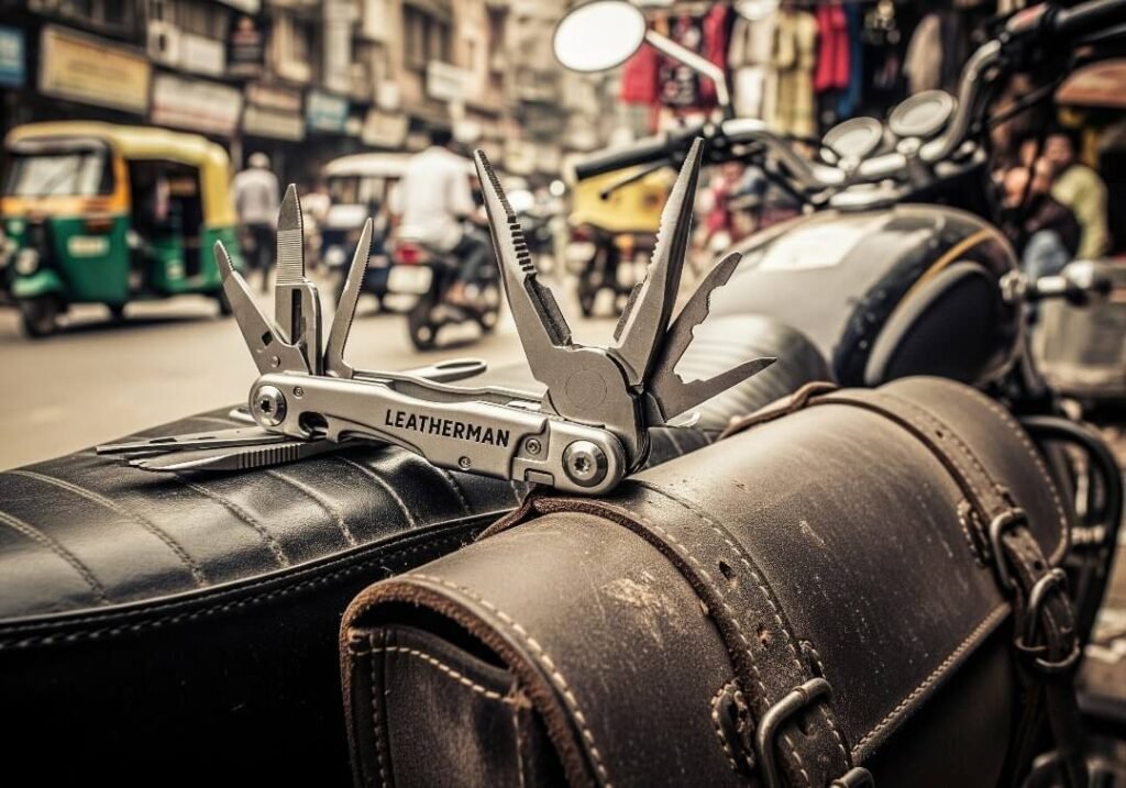 Leatherman on a saddlebag, Delhi street background.

