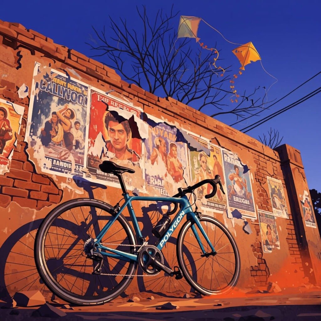 Bicycle against a wall with Bollywood posters and kites.
