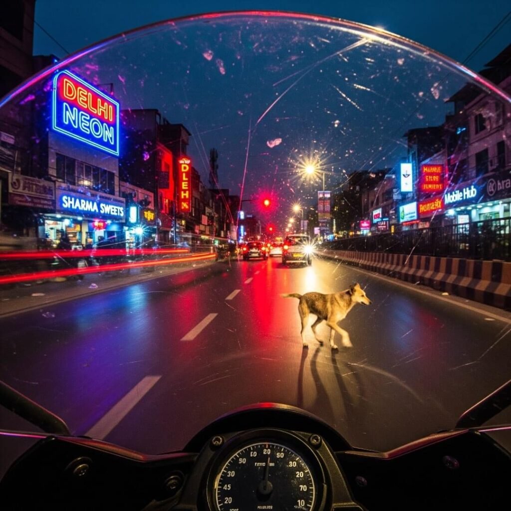 Rider's POV of a dog on a Delhi street.

