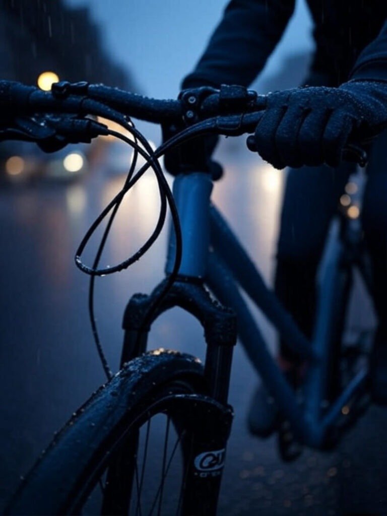 Rain beading on Gore-Tex gloves, moody bike ride.