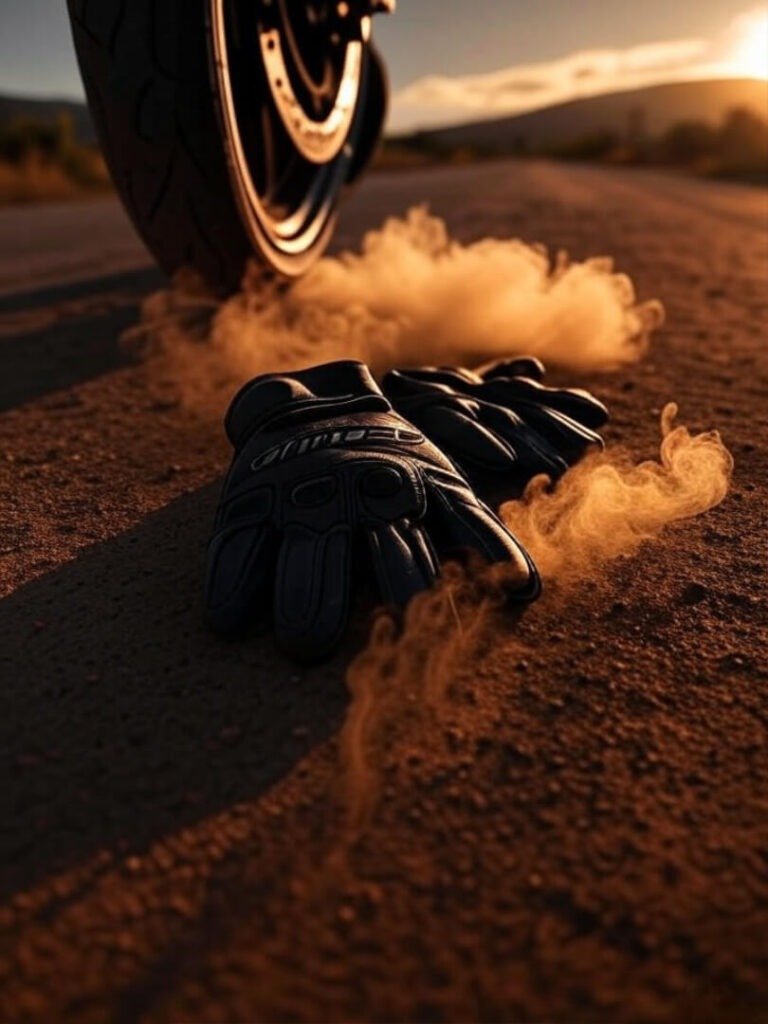 Dainese gloves by bike tire, dusty sunset glow.