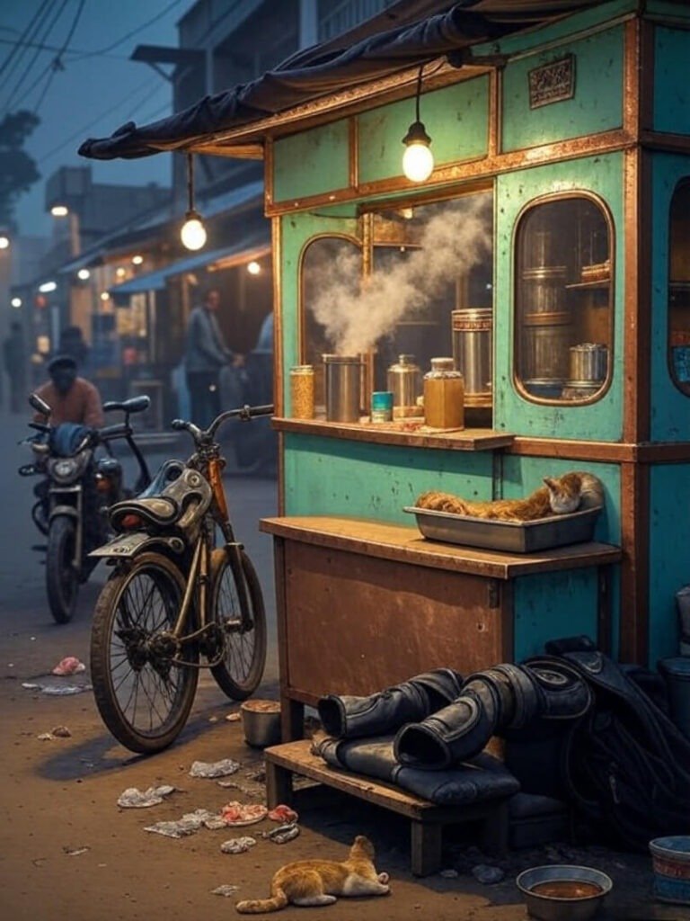 Chaotic chai stall, bike gear, cat napping jacket.