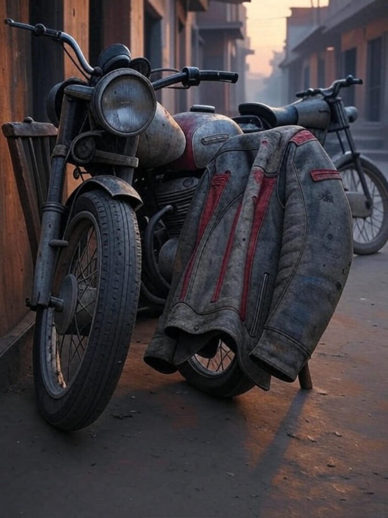 Worn jacket on chair, dusty bike nearby, chai stall.