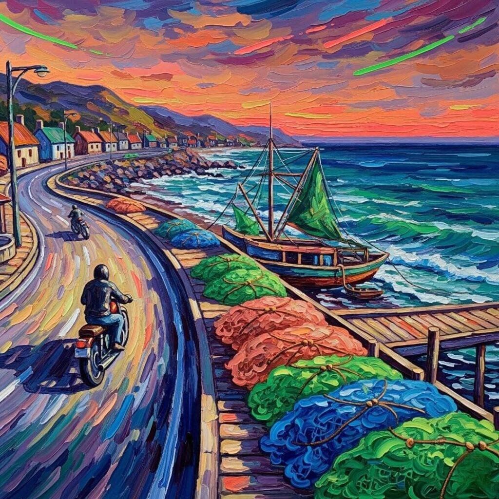 Vivid painting of biker on coastal road.
