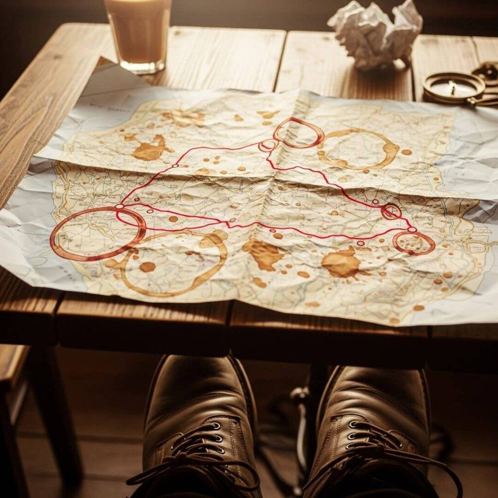 Crumpled map, chai stains, and dusty boots.