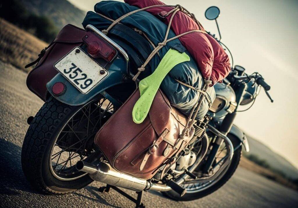 Packed motorcycle with a neon sock poking out.