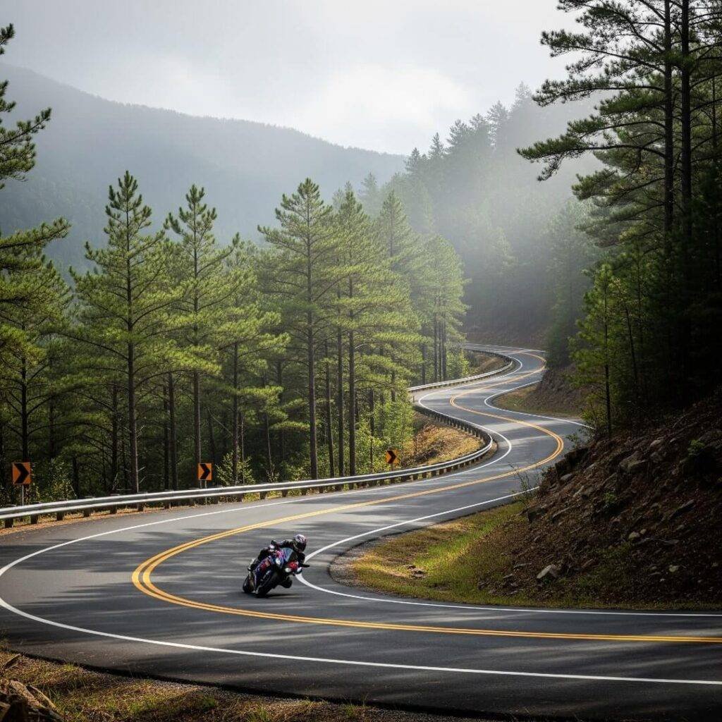 Motorcycle on winding mountain road, misty forest.