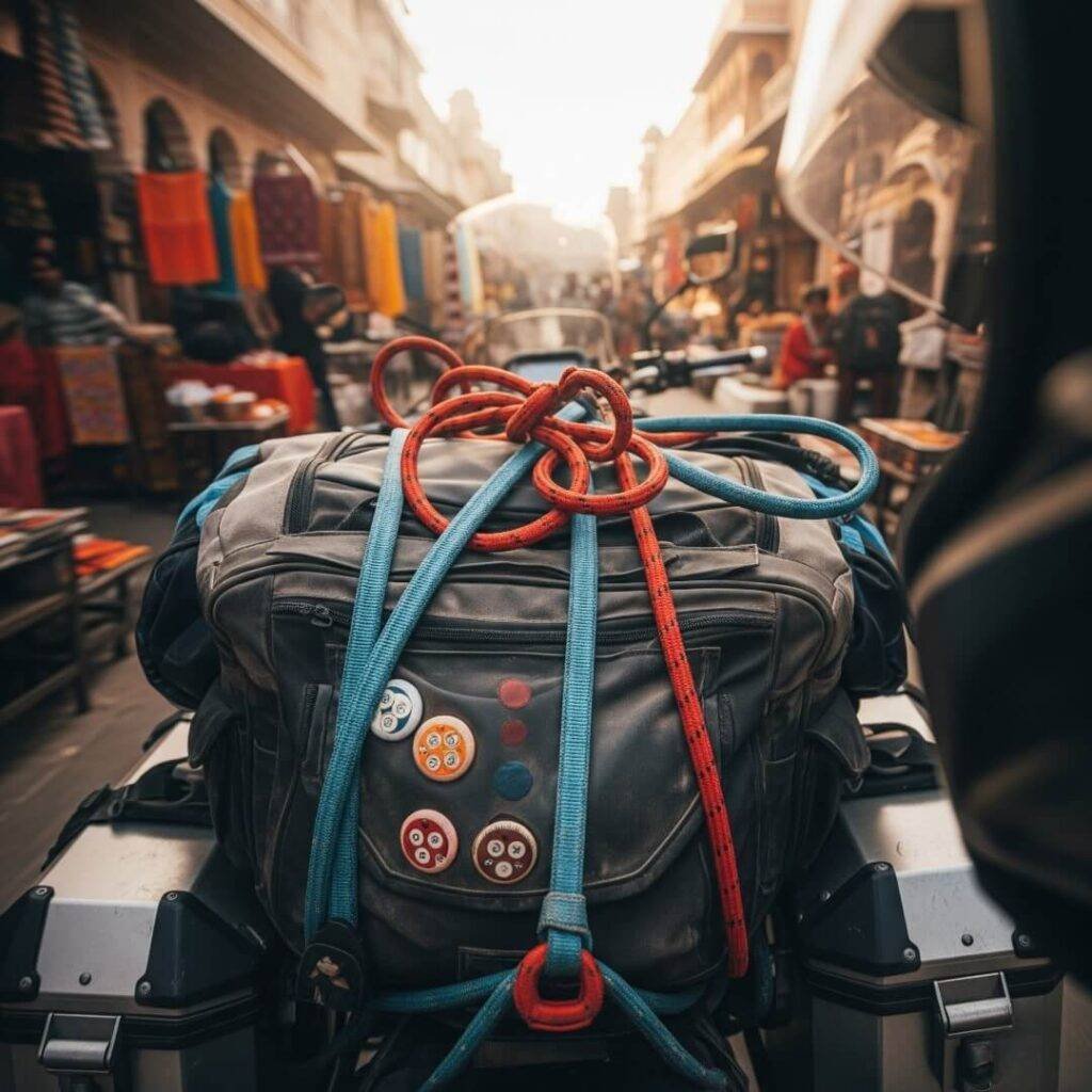 Helmet-cam view of a pannier bag with bindis.