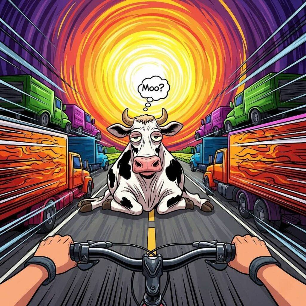 op-art cow on road, colorful trucks zoom past.