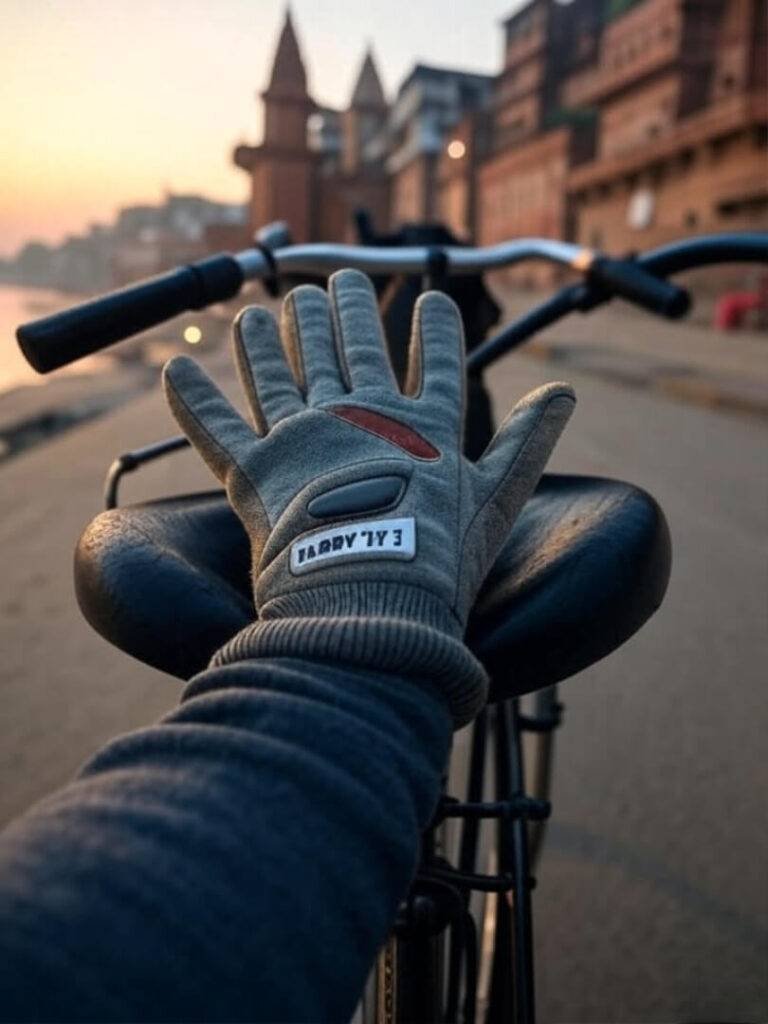 REV’IT! gloves on bike seat, Varanasi ghats, cow tail.