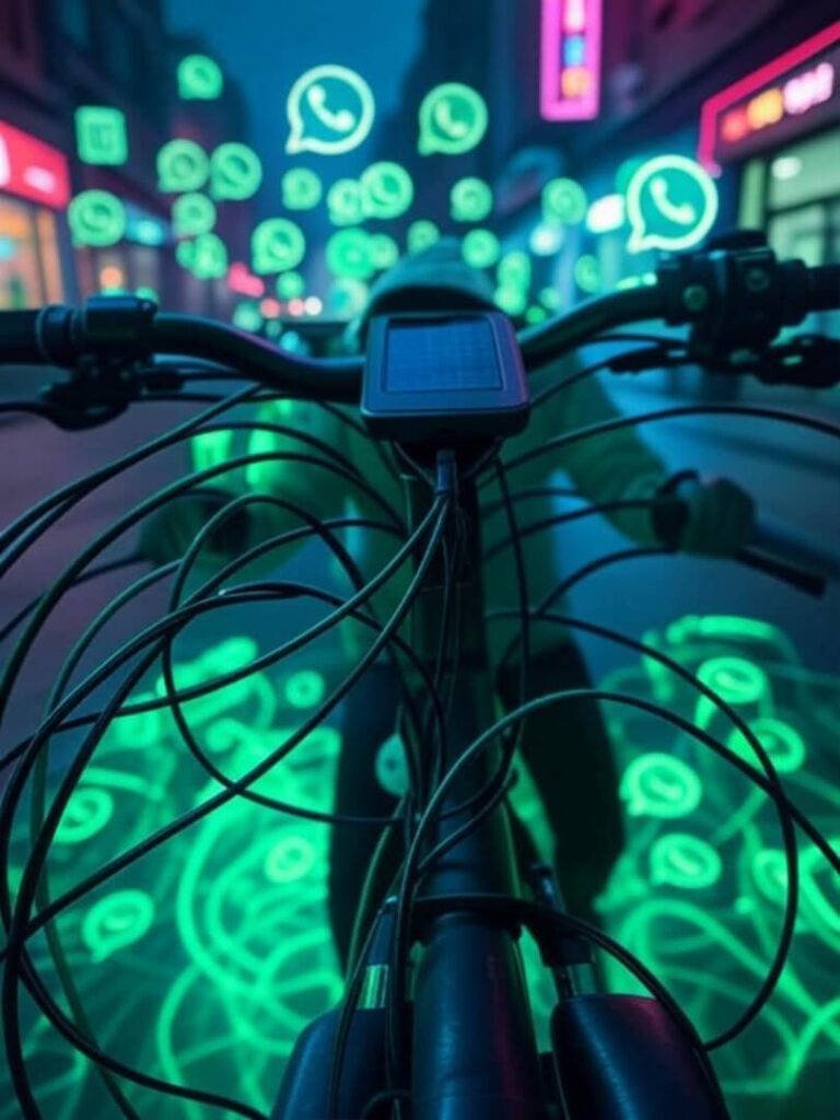 Tangle of cables, WhatsApp holo, neon glow.