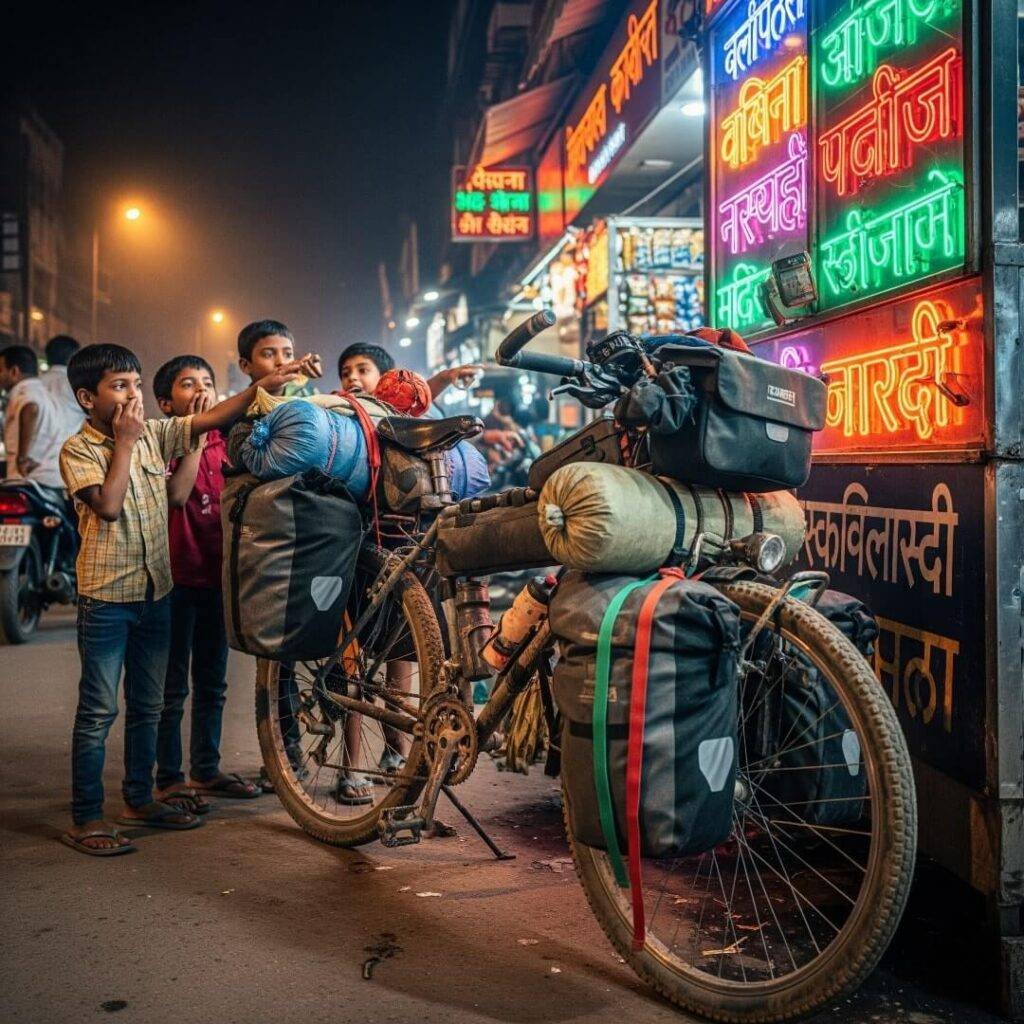 An overloaded bike with giggling kids in Varanasi.

