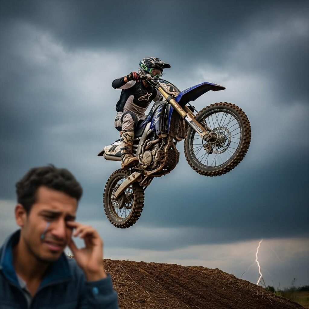 Yamaha YZ250F mid-air with a man crying.

