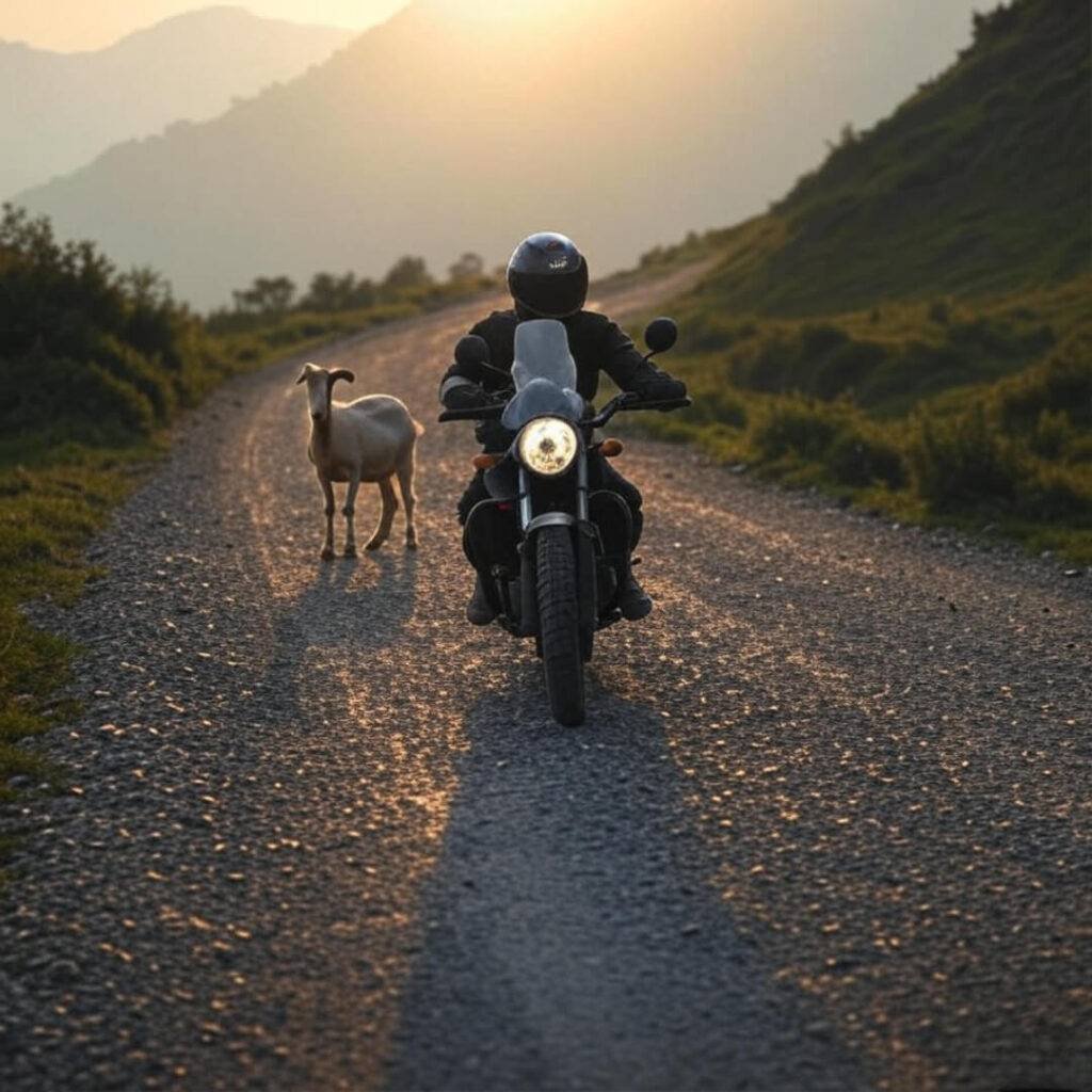 Blurry motorcyclist on gravel road, goat stares curiously.
