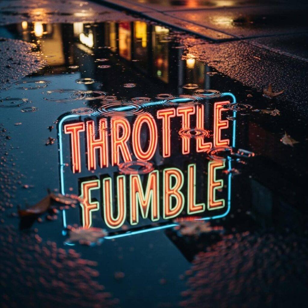 Throttle Fumble" neon sign reflected in puddle.