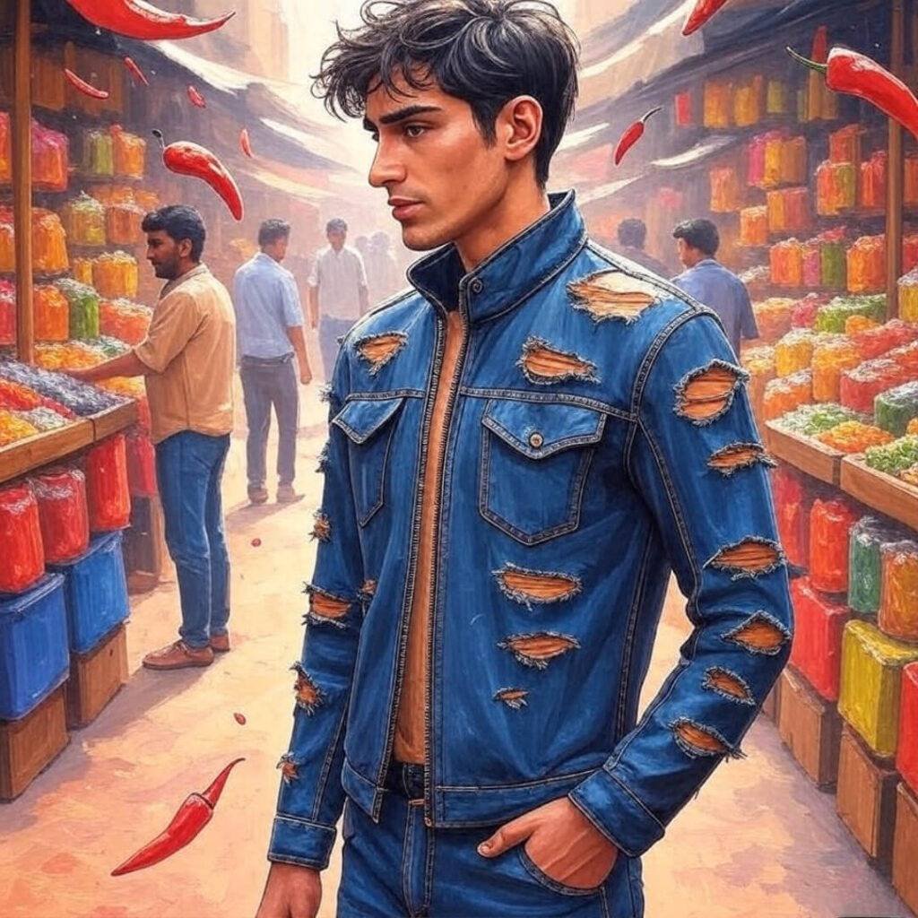 Ripped jacket, spice stall, chili sparks, bittersweet relief.