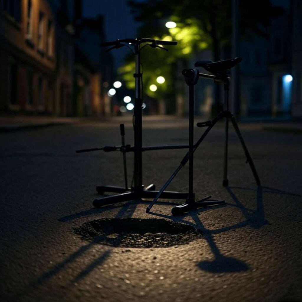 Pothole ambush under streetlamps, bike maintenance focus.