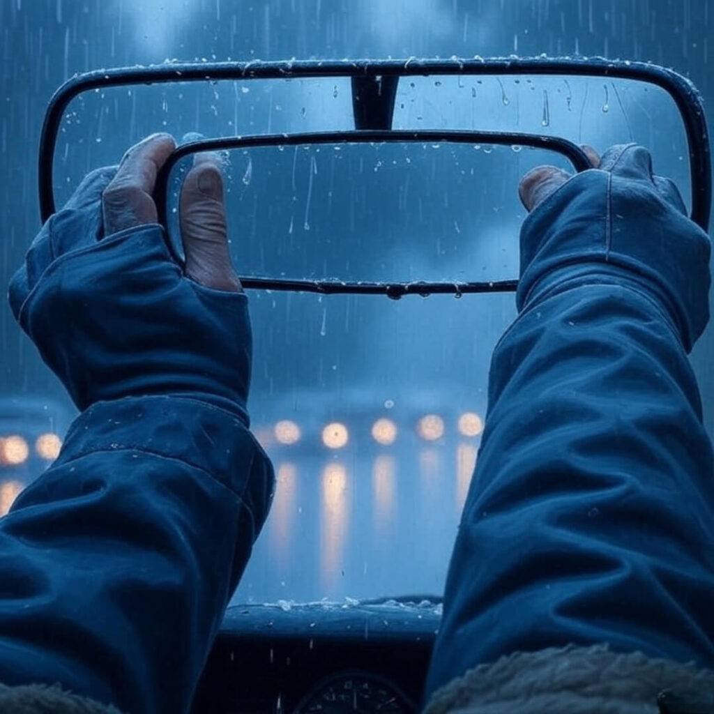 Gloved hands adjusting mirror in monsoon rain.