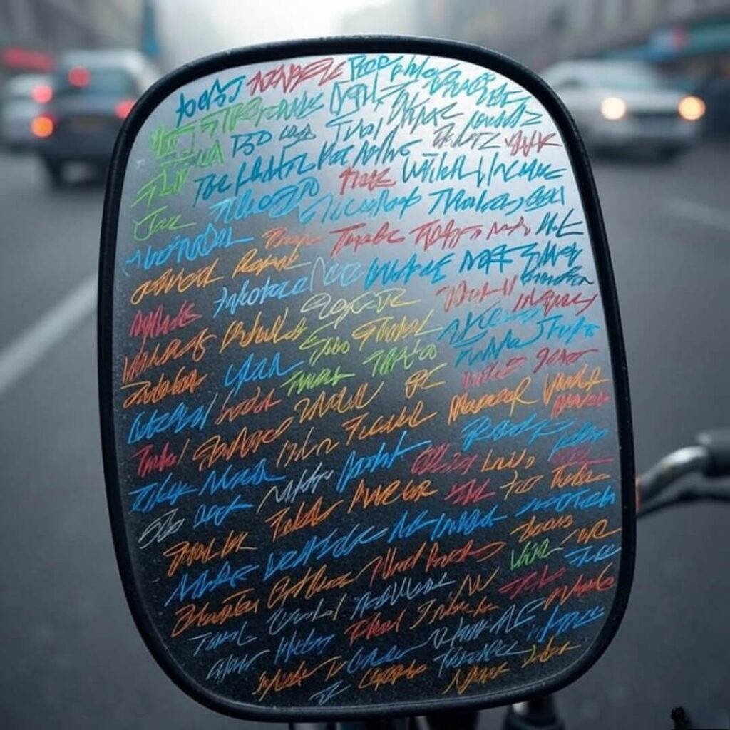 "Foggy bike mirror with chaotic stats scribbled."