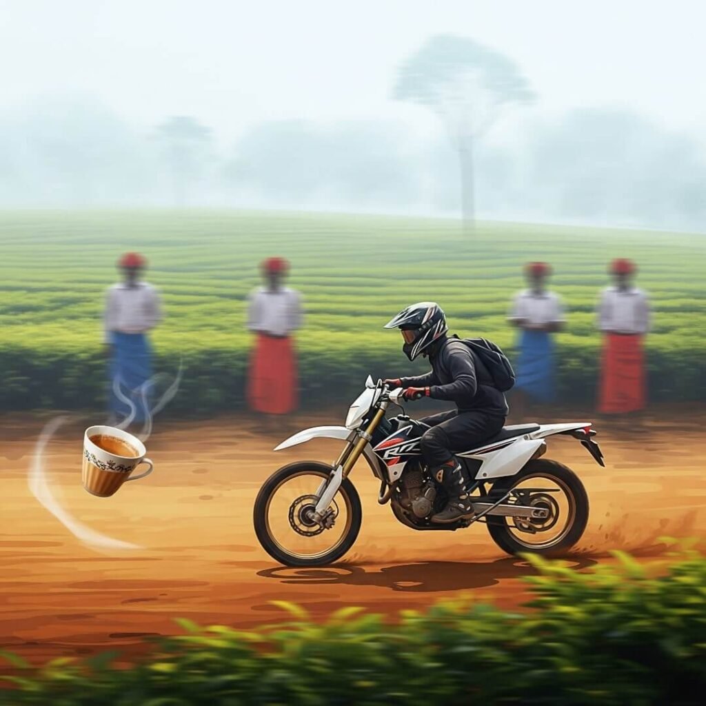 Dirt bike, tea plantation, rider, chai cup.

