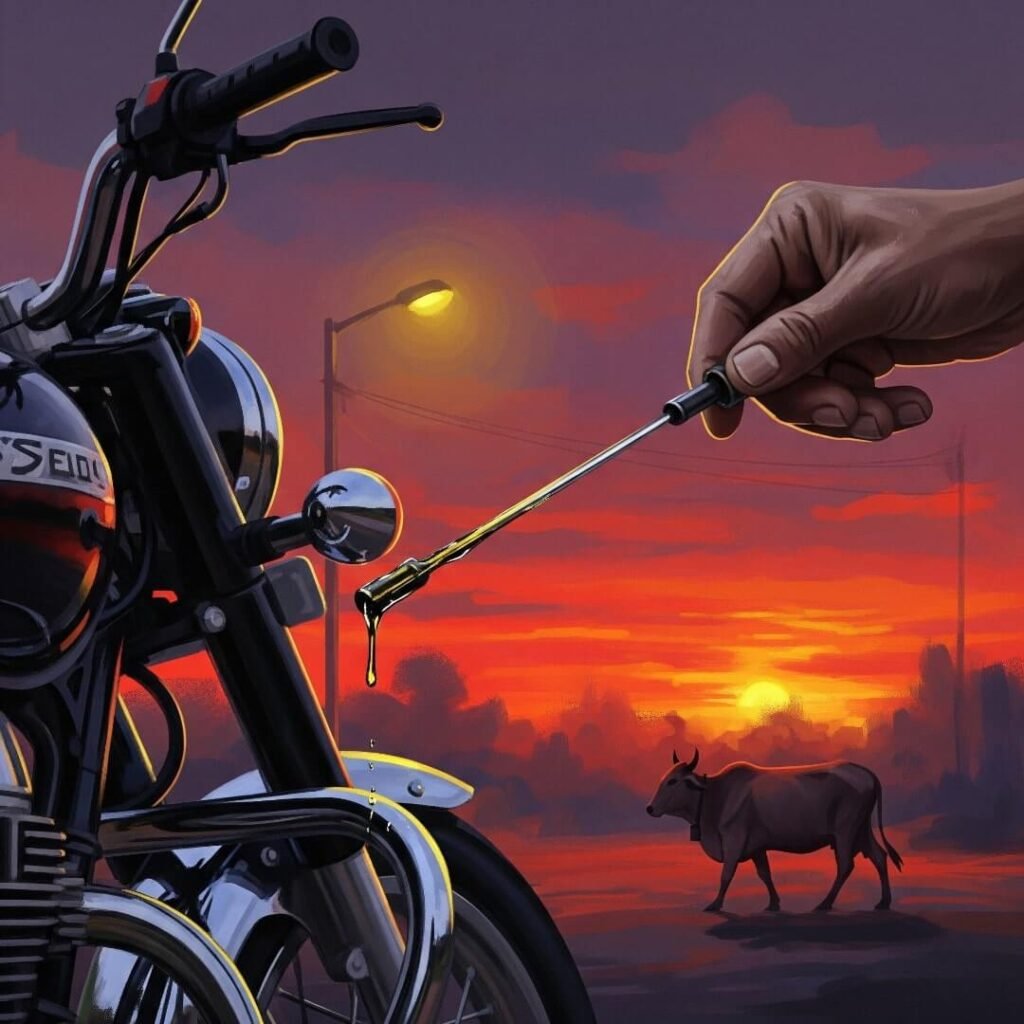 Checking motorcycle oil at sunset in India.

