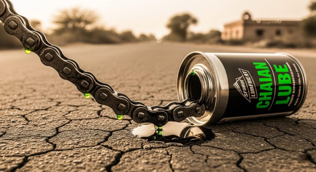 Motorcycle chain, half-oiled, with a can of lube on a dusty road.

