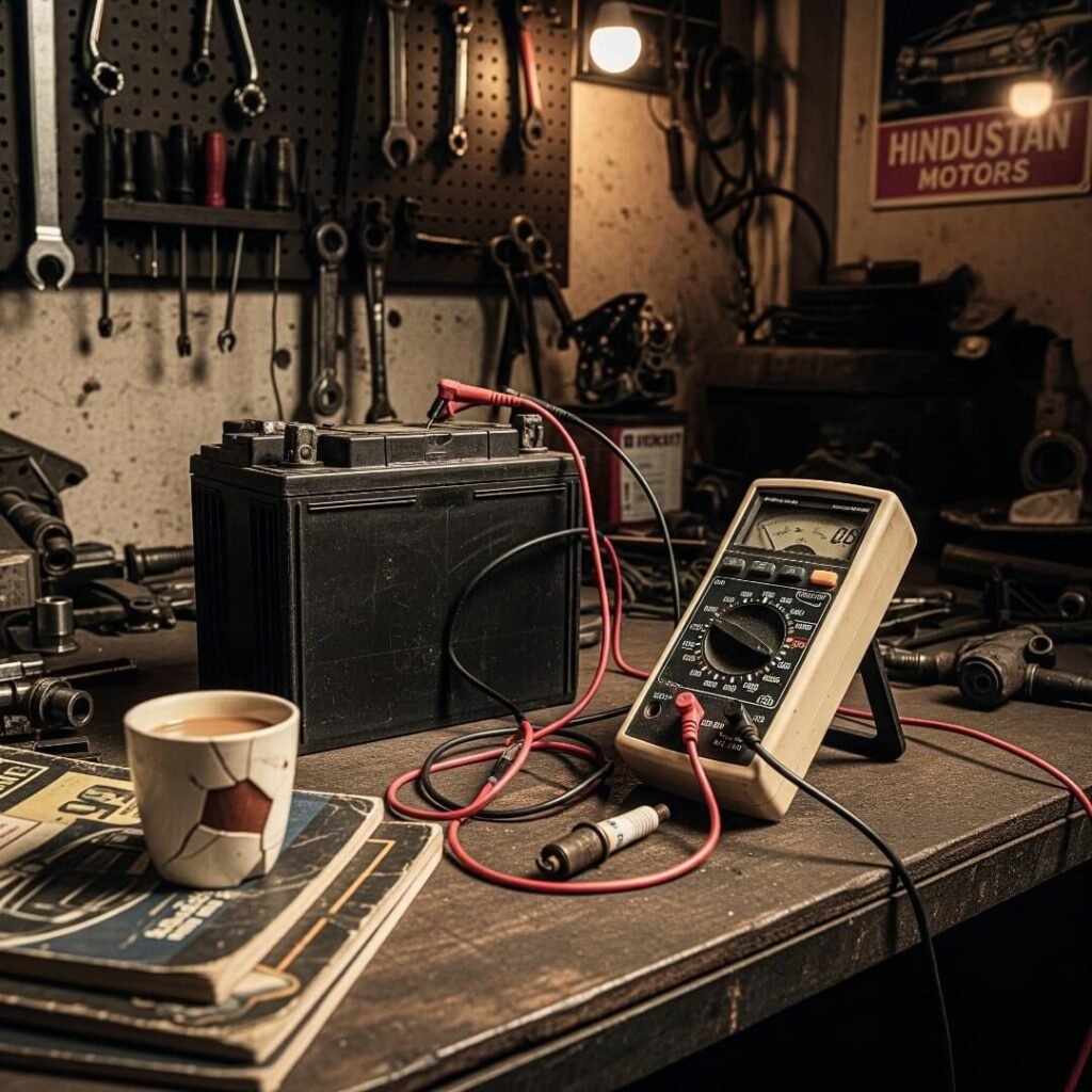 Battery test with multimeter, chai cup nearby.

