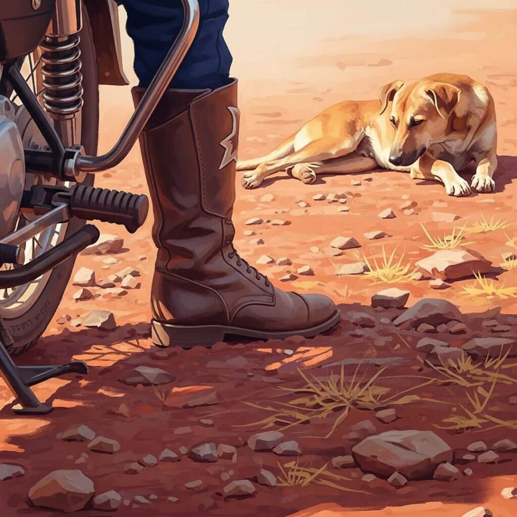 Rider's boots, motorcycle, and stray dog on Indian terrain.

