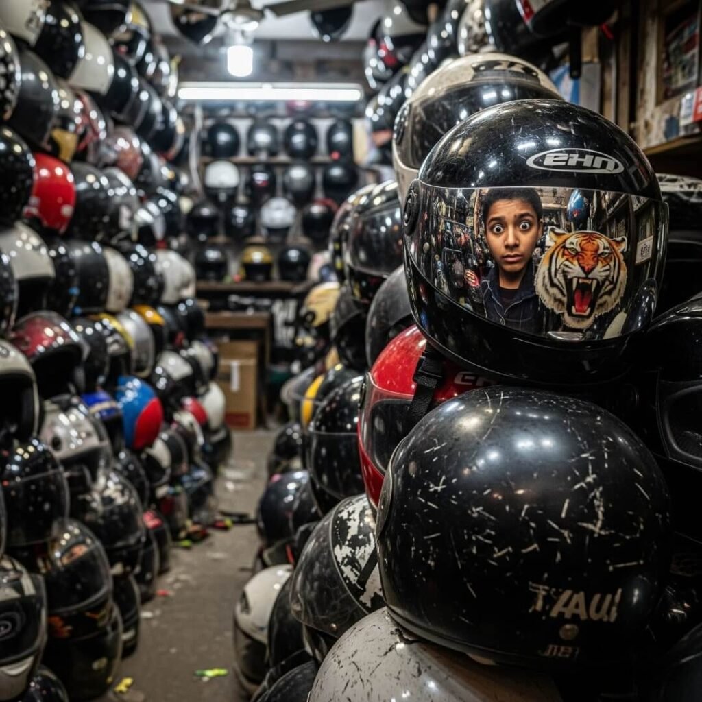 Person's reflection in a tiger-sticker helmet.