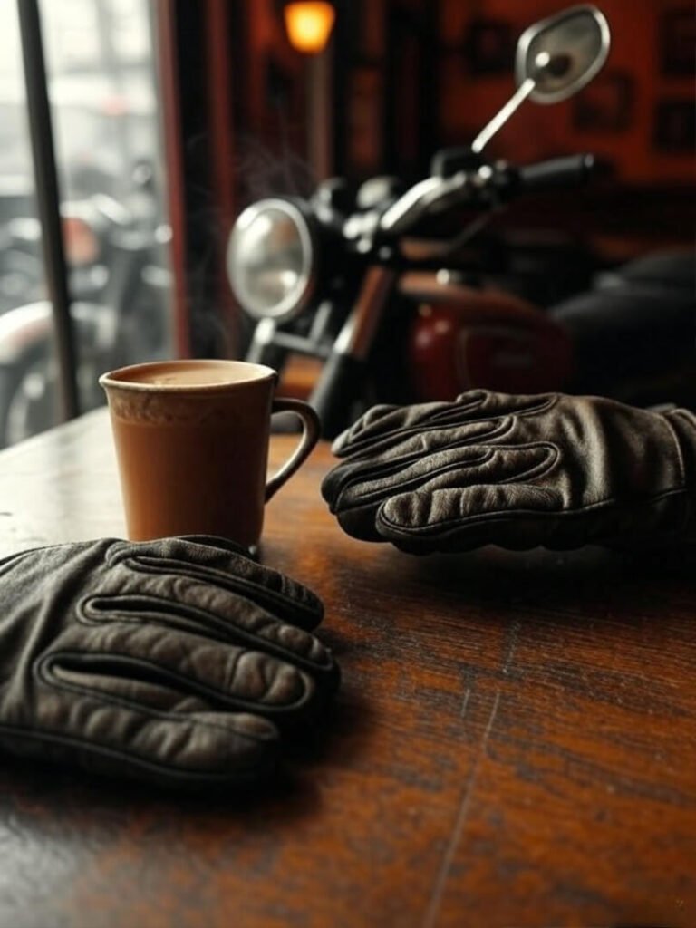 Worn gloves, chai cup, bike outside café window.