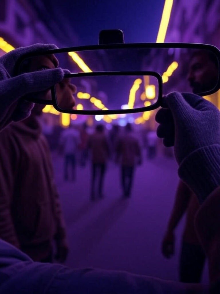 Gloved hands tweak mirror on neon-lit Indian street.