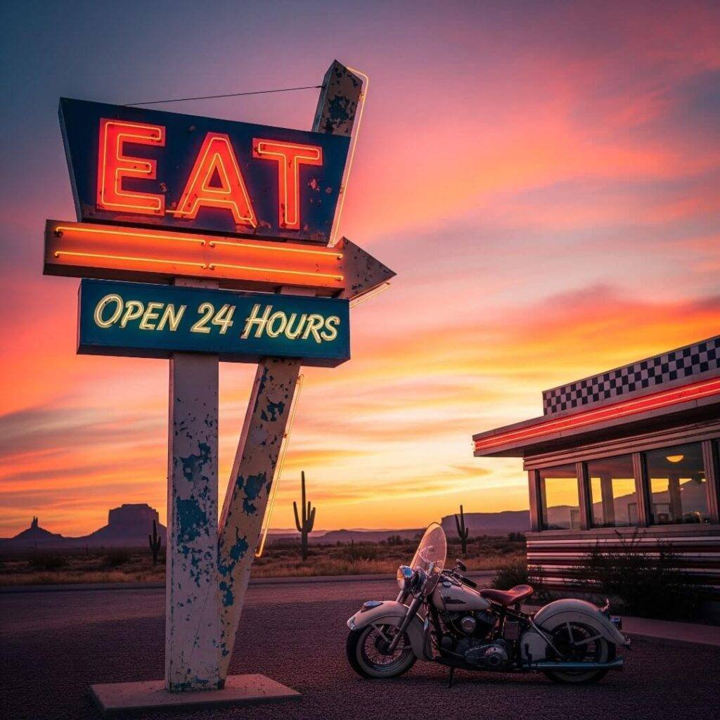 Retro diner sign with motorcycle at sunset.