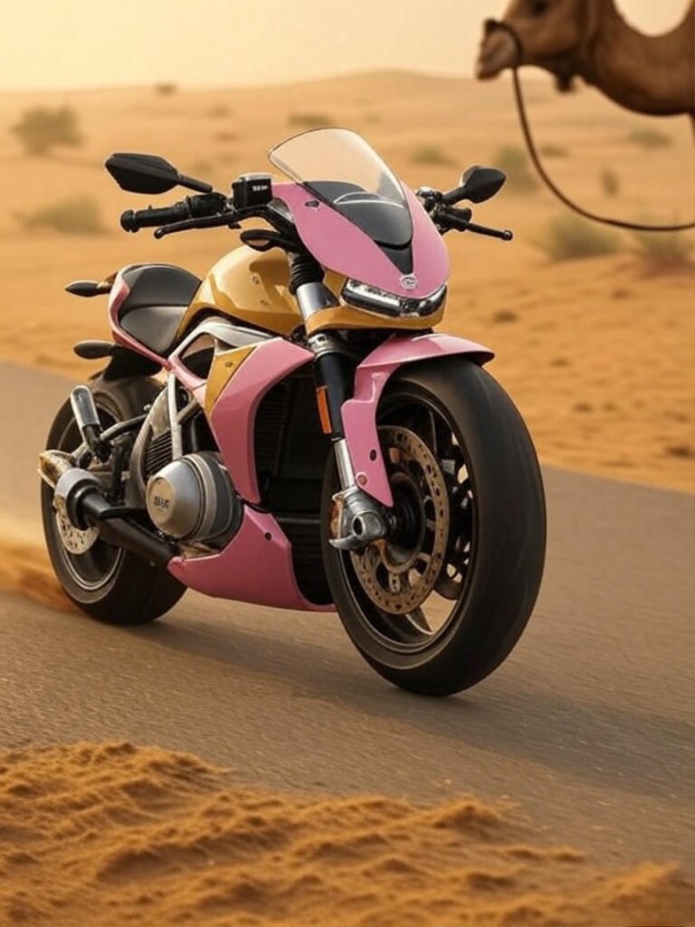 Energica Ego zooms past camel in hazy desert.