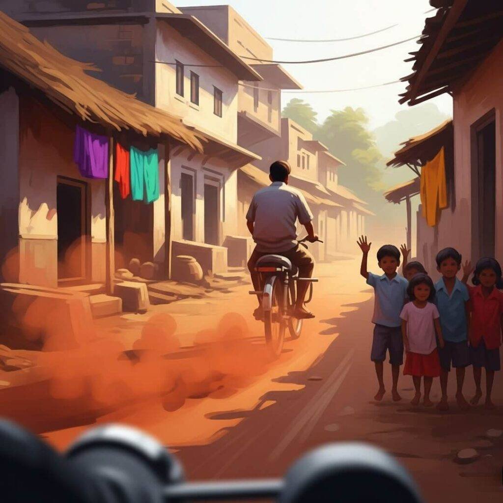 Man cycling through a dusty Indian village.