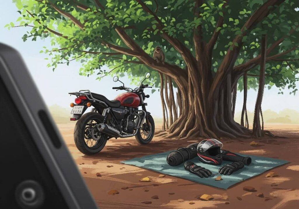 Motorcycle with gear under a banyan tree