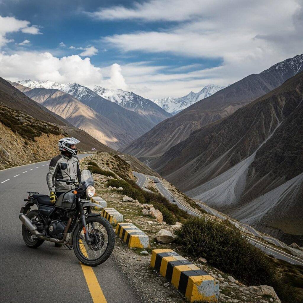 Motorcyclist overlooks Himalayan road, vast mountain range.