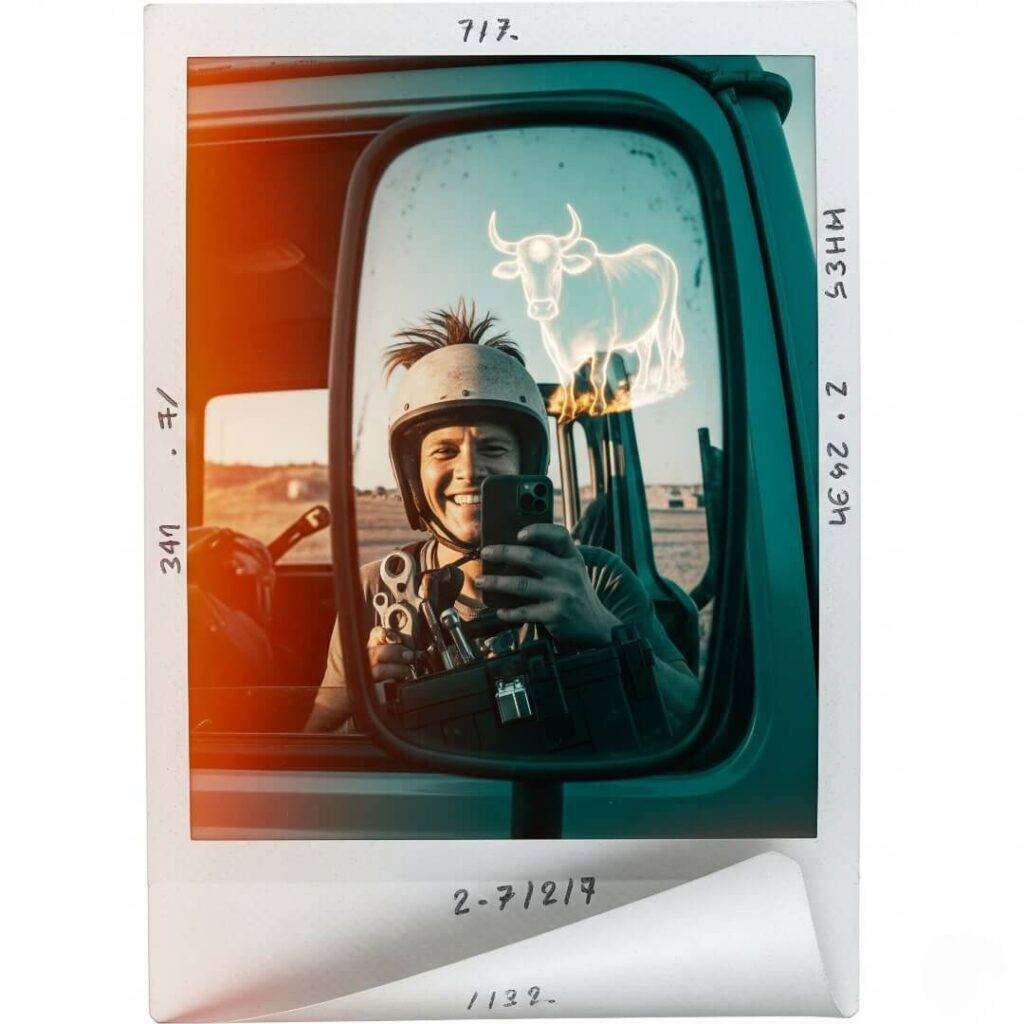 Polaroid selfie in a truck mirror with a cow reflection.