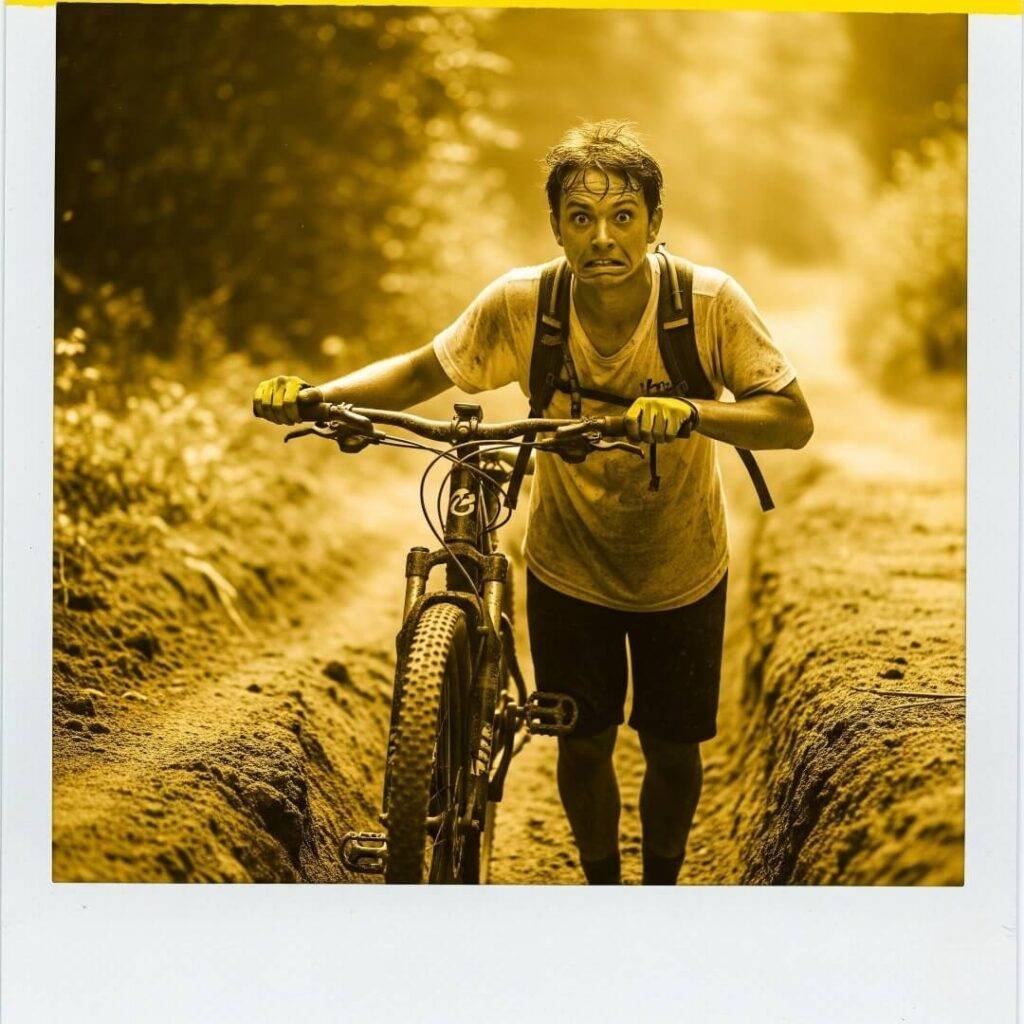 Man pushing muddy bike with a goofy grin.