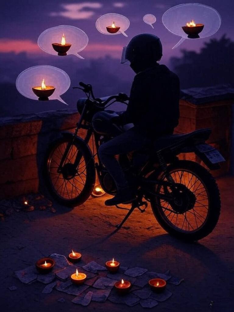 Rider silhouette, diya shrine, mantra bubbles dusk.