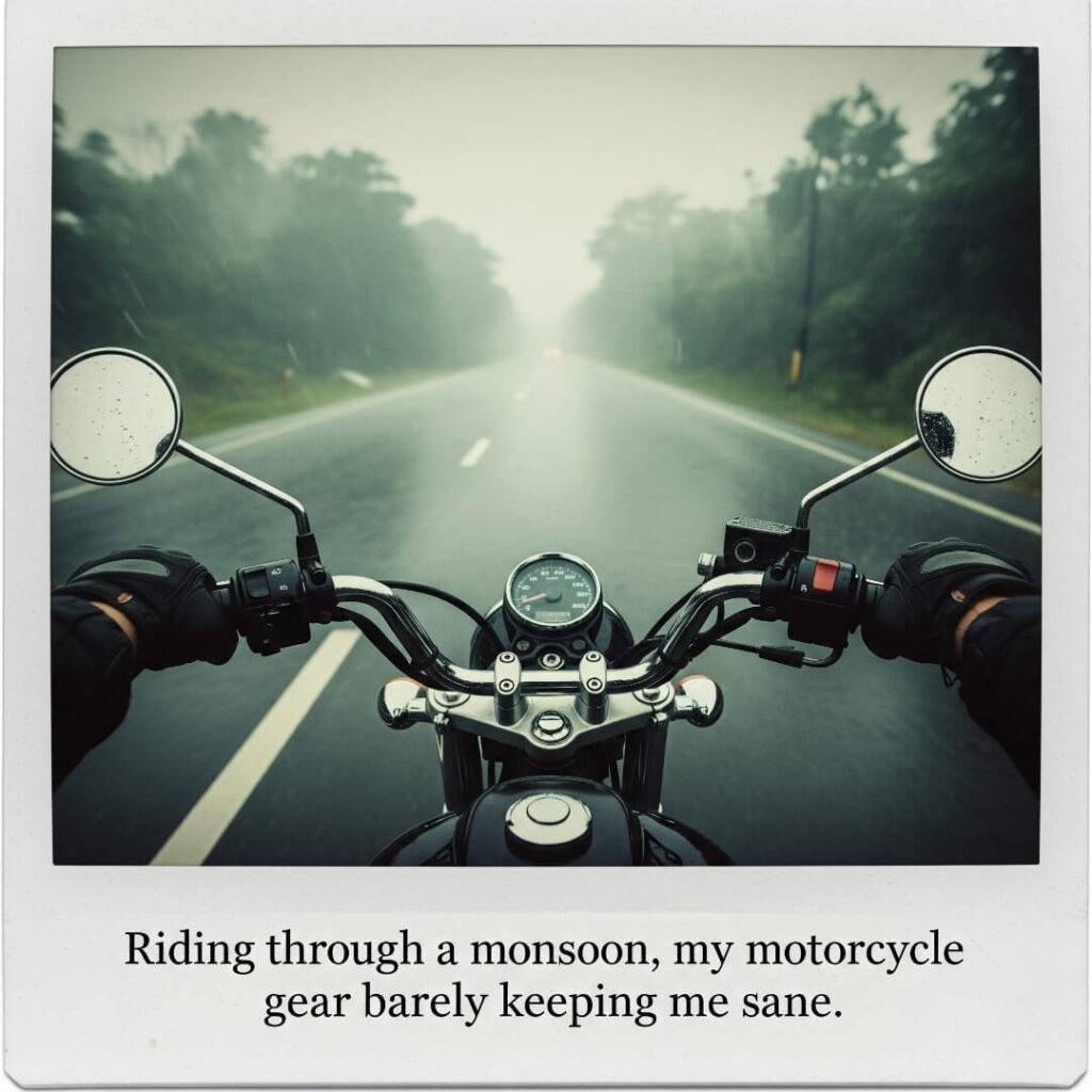 Riding a motorcycle through a rainy road.


