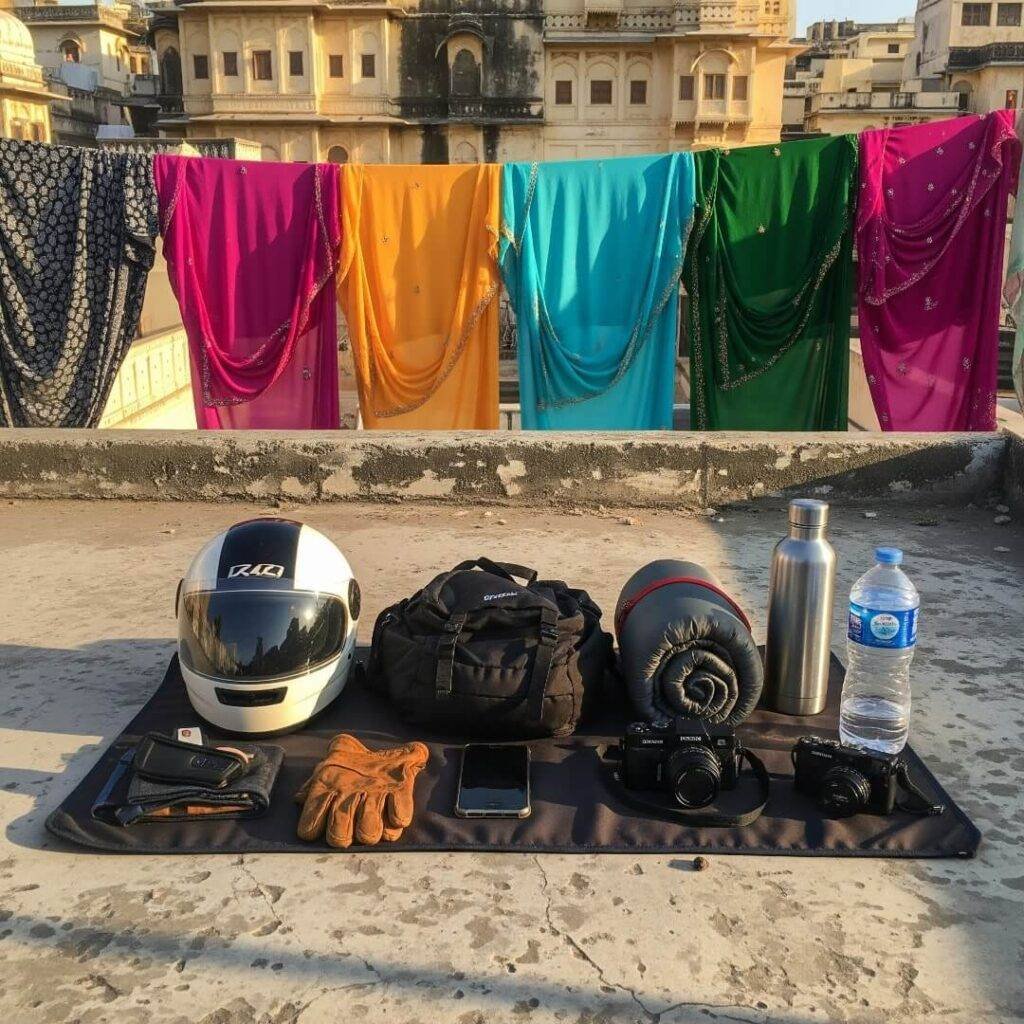 Minimalist gear on a rooftop with colorful saris.