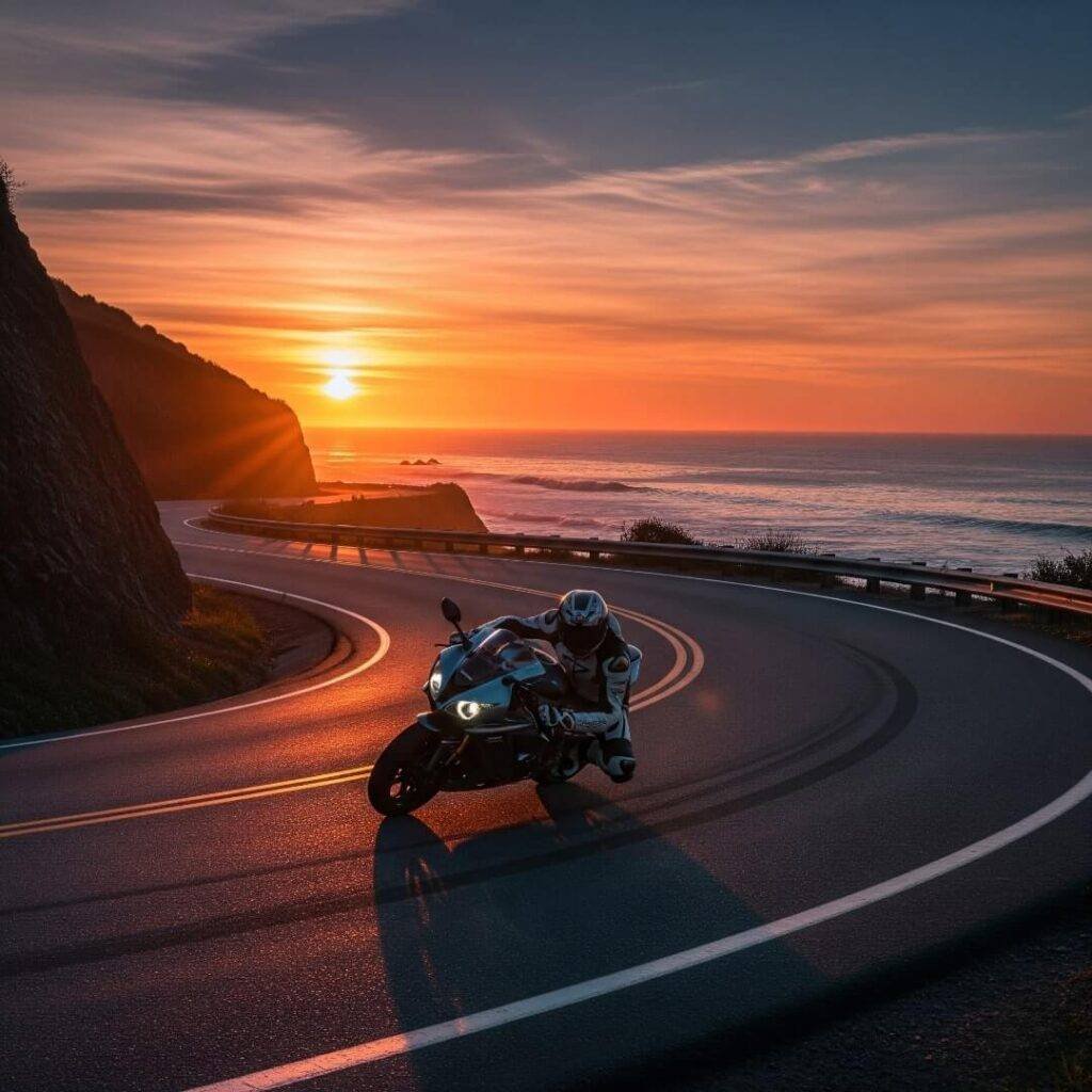 Motorcyclist leaning into a turn at sunset