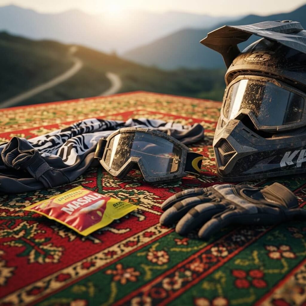Dirt bike, tea plantation, rider, chai cup.

